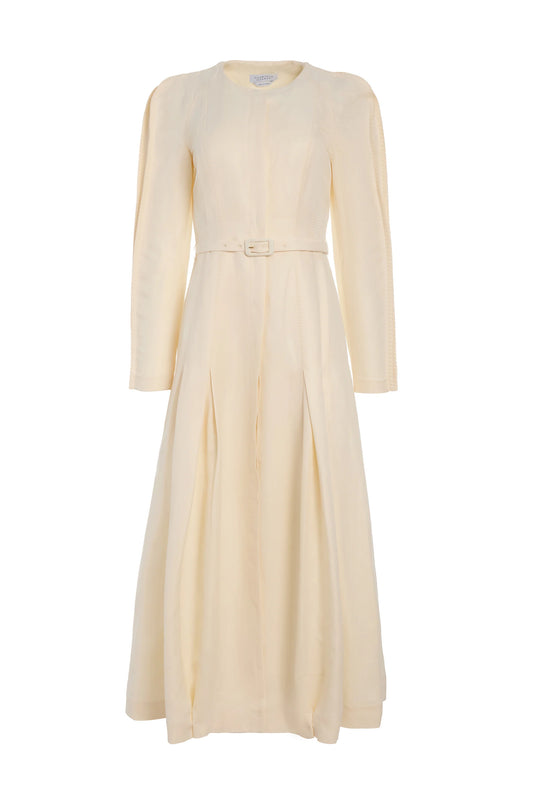 Niles Pleated Maxi Shirtdress in Ivory Linen Silk