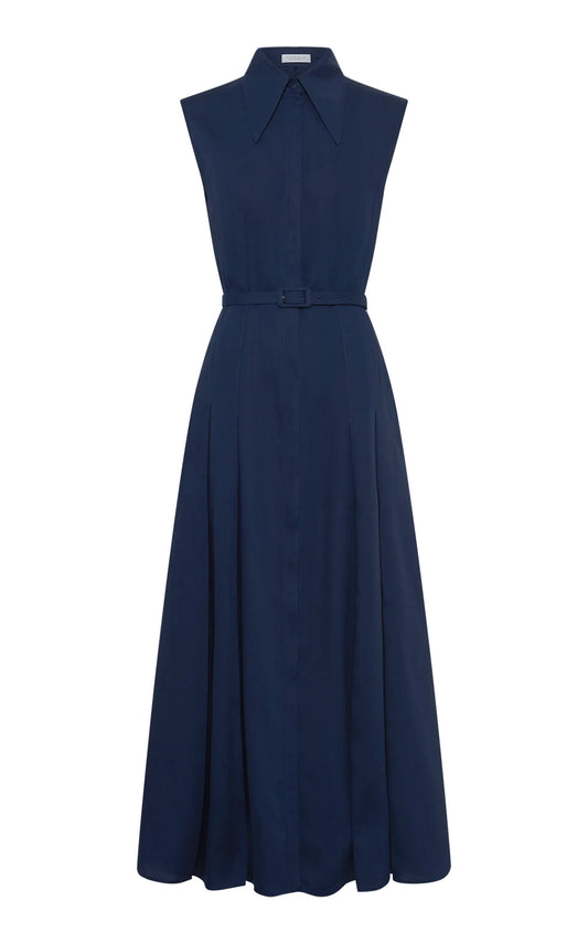 Durand Pleated Maxi Shirtdress in Electric Navy Aloe Linen