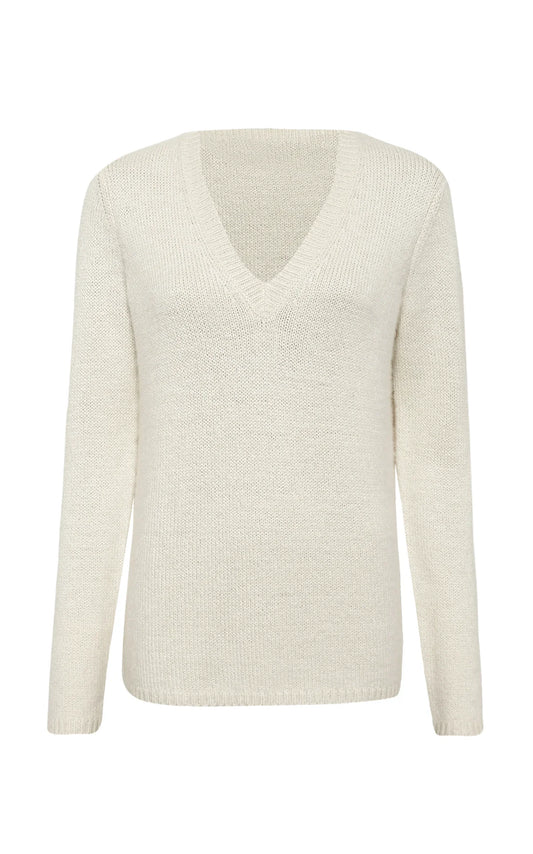 Isiah Knit V-Neck Sweater in Ivory Cashmere