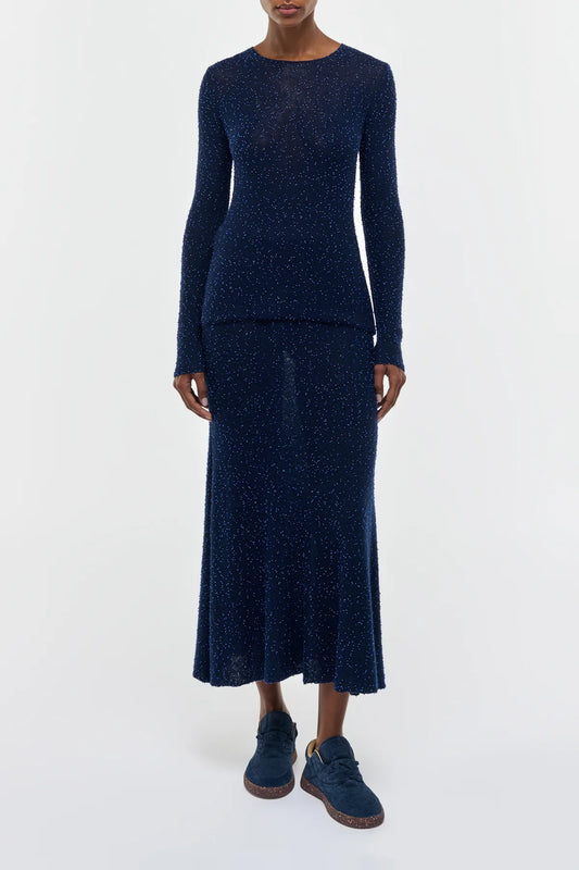 Sabine Knit Midi Skirt in Electric Navy Beaded Cashmere Silk
