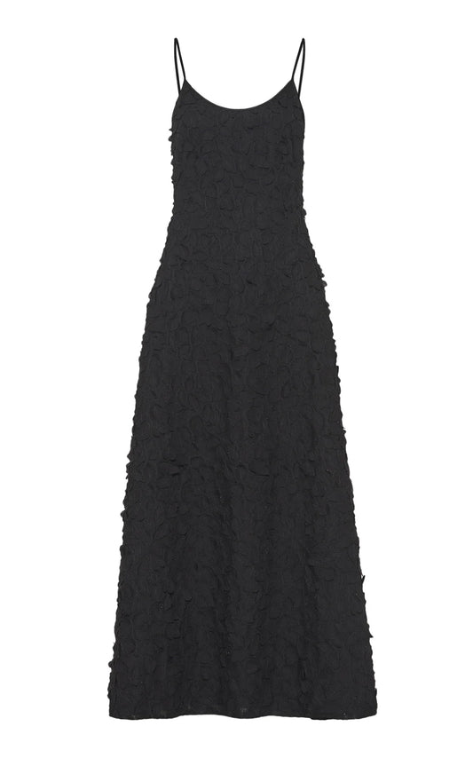 Nexus Embroidered Leaves Maxi Dress in Black Linen