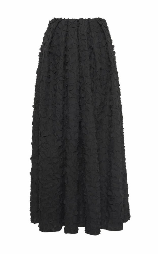 Zelia Embroidered Leaves Maxi Skirt in Black Linen