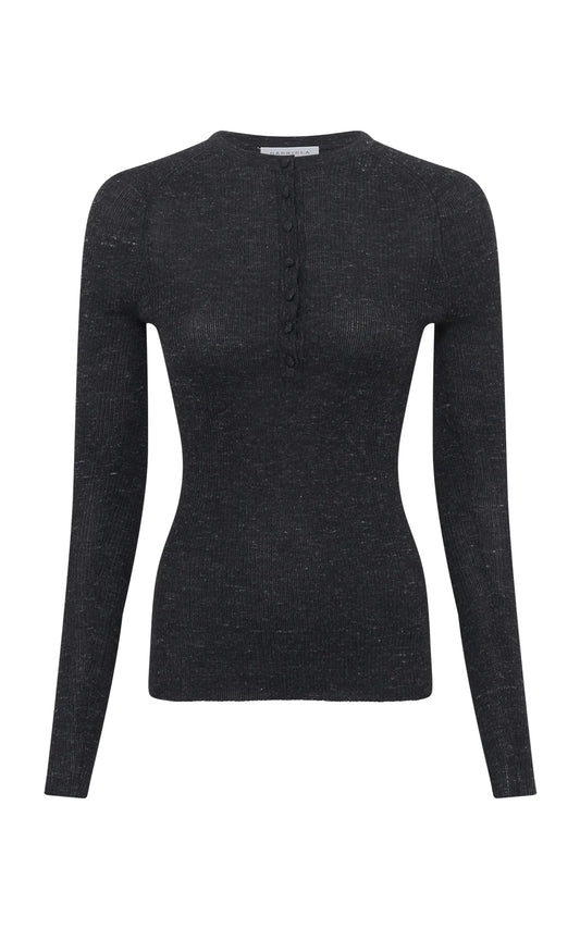 Anges Knit Henley in Black Cashmere Silk with Hemp