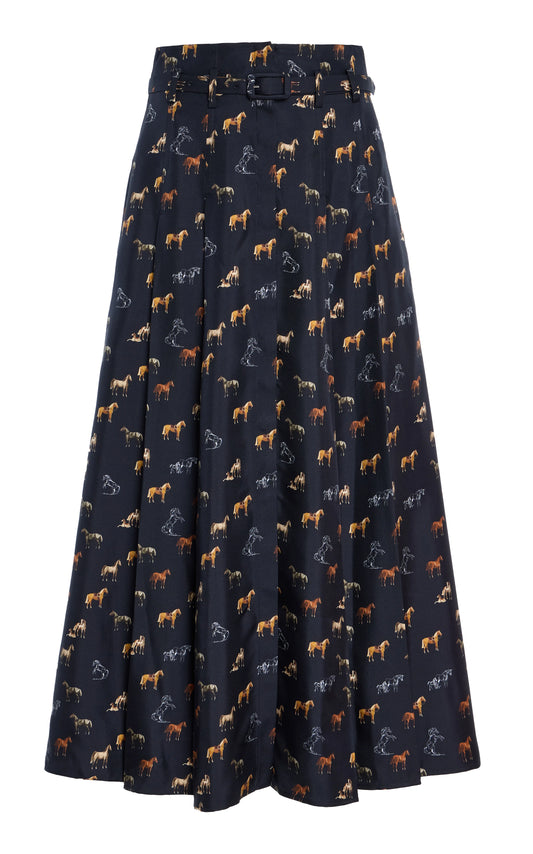Dugald Pleated Midi Skirt in Dark Navy Multi Printed Silk