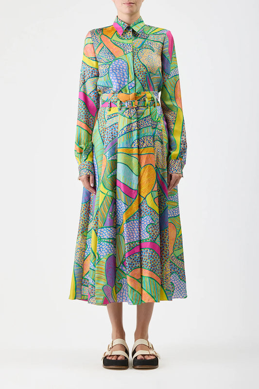 Dugald Pleated Midi Skirt in Green Multi Printed Silk Twill
