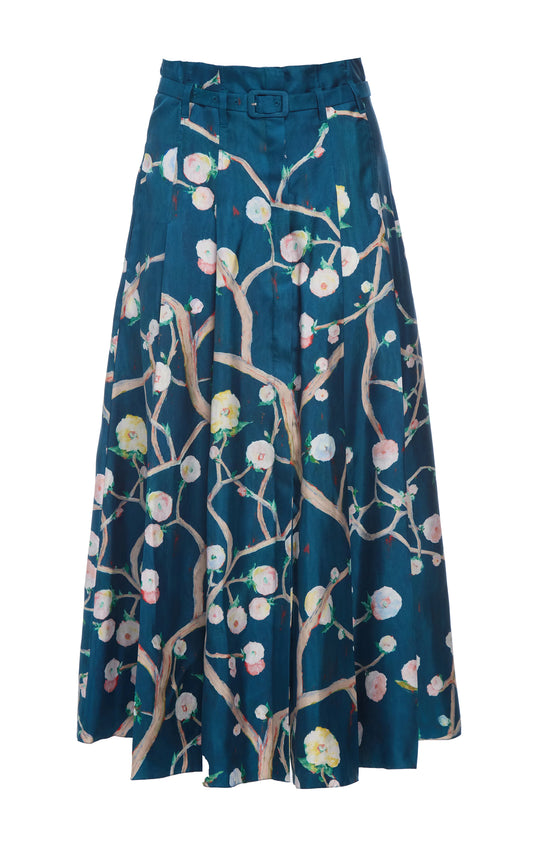 Dugald Pleated Midi Skirt in Blue Multi Printed Silk Twill