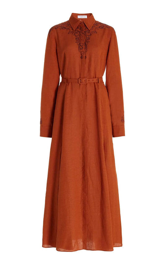 Mcgraw Embroidered Shirtdress in Red Clay Aloe Linen
