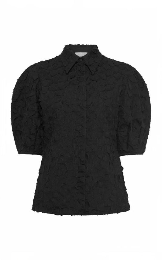 Sansi Embroidered Leaves Top in Black Linen