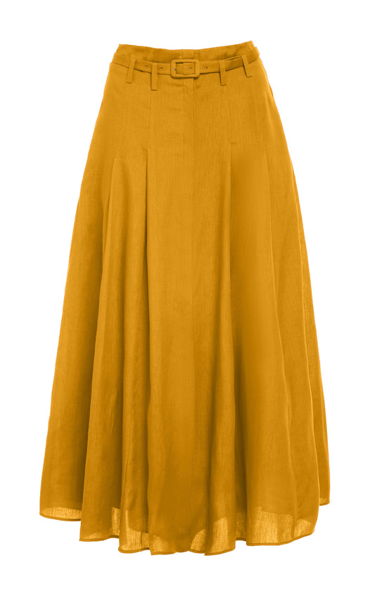 Dugald Pleated Midi Skirt in Golden Birch Aloe Linen