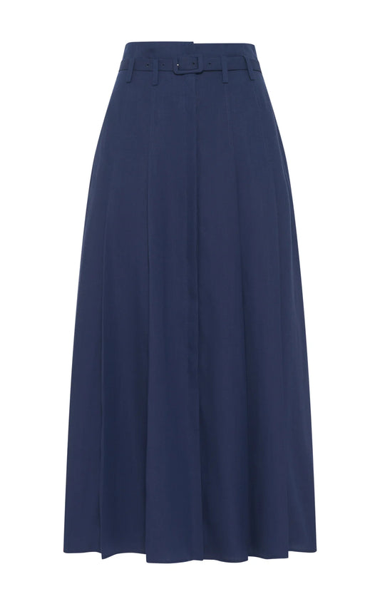 Dugald Pleated Midi Skirt in Electric Navy Aloe Linen