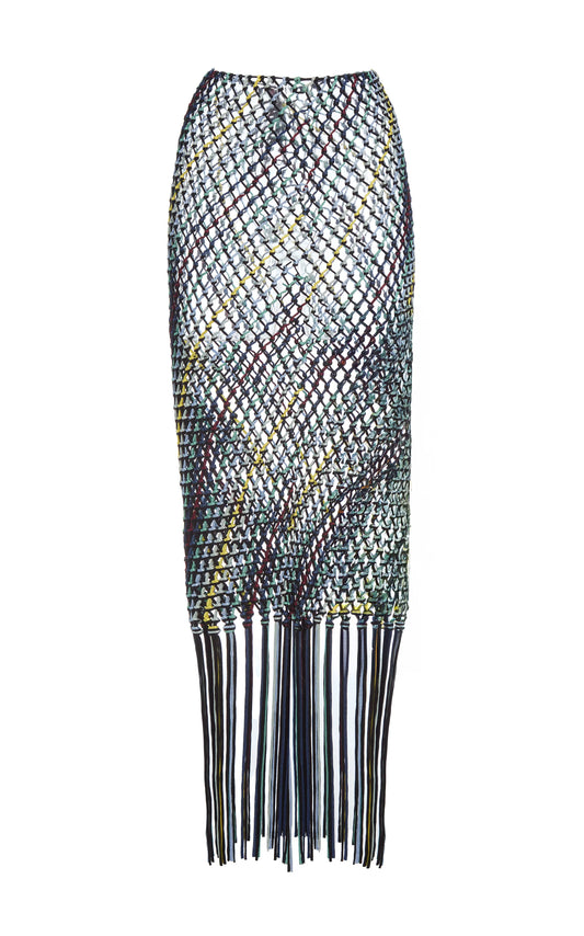 Zana Fringe Macrame Maxi Skirt in Black Multi Silk